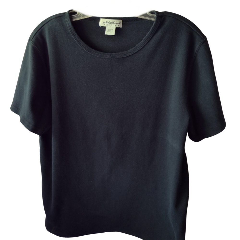 Ab) Eddie Bauer Black Short Sleeve Blouse Size L Cotton Classic Top